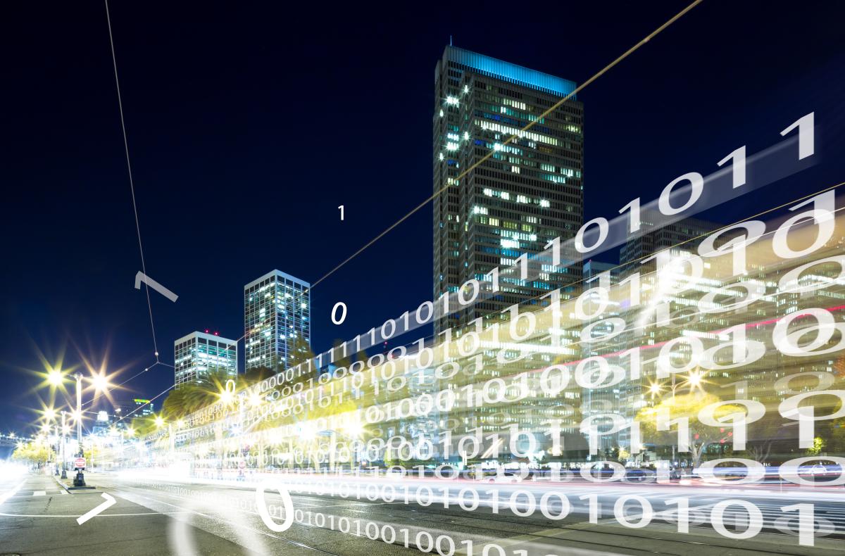 Symbolic image of binary code streaming along a city road