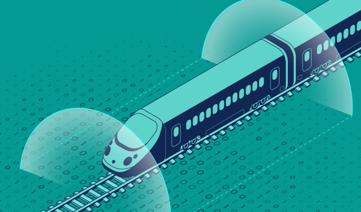 Stylised illustration of a train passing over fields of binary code